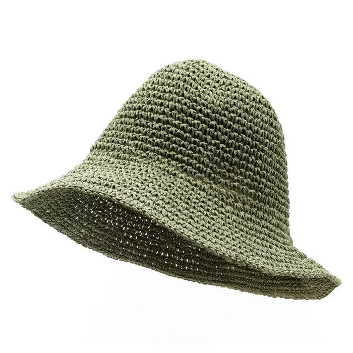 Olive green woven straw sun hat with bucket style made from natural straw for sun protection in moss green shade