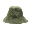 Olive green woven bucket straw sun hat with wide brim and textured crochet pattern in moss green color