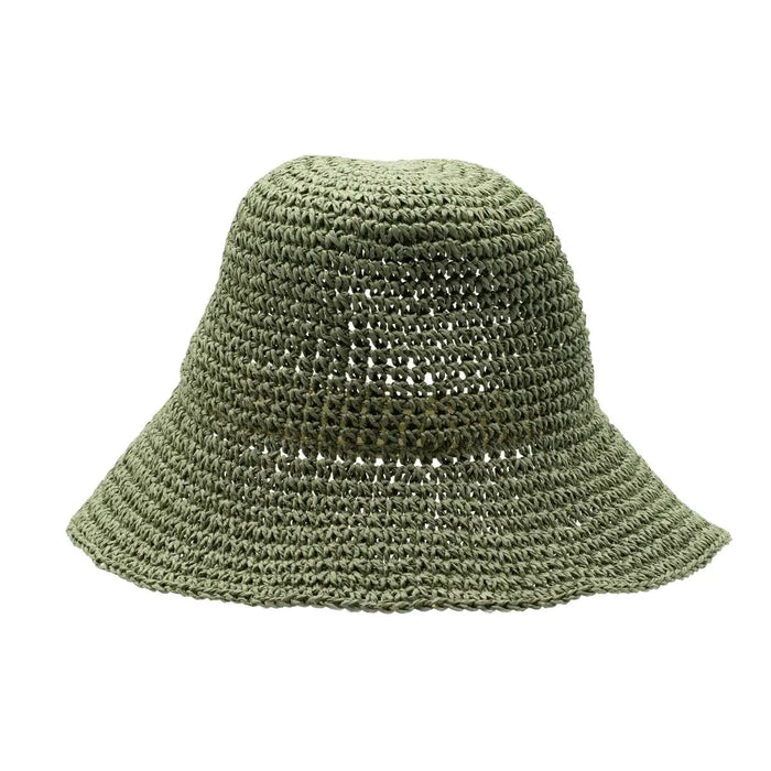 Olive green woven bucket straw sun hat with wide brim and textured crochet pattern in moss green color