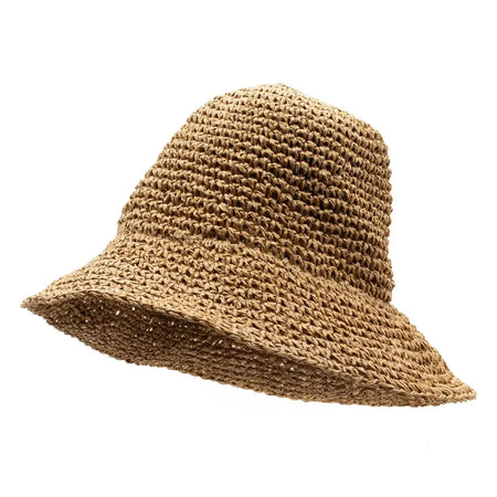 A woven straw sun hat in natural coffee color with a wide brim and textured natural straw material