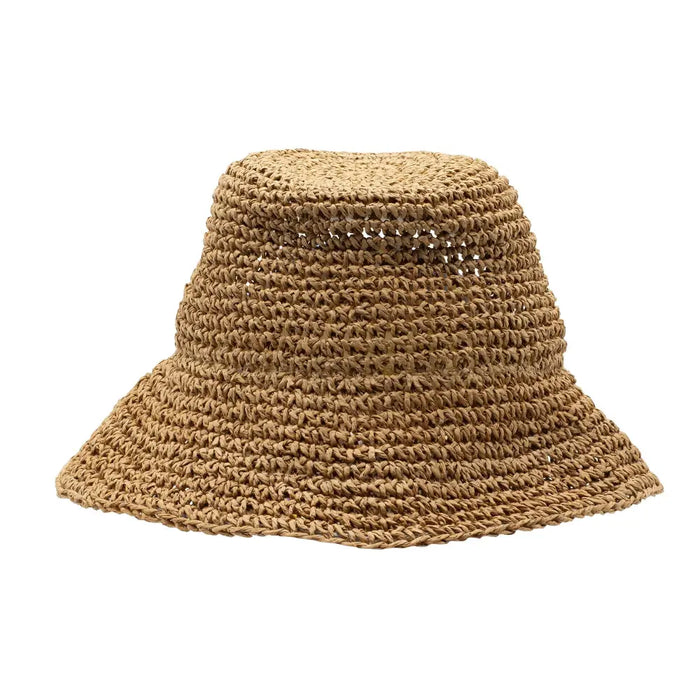 A woven straw sun hat in natural coffee color with a tan tone and a slightly flared brim