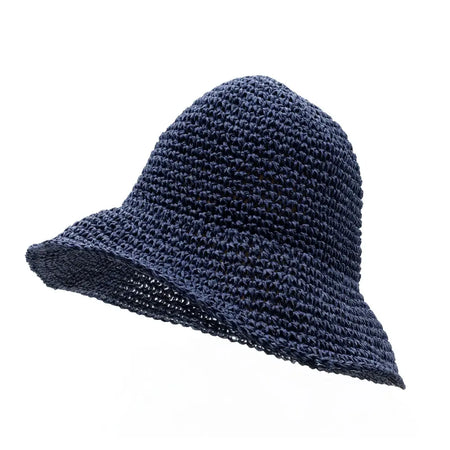 Navy blue woven straw sun hat with bucket shape made from straw sun material for outdoor use