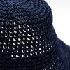Navy blue crocheted straw sun hat with a wide brim and openwork pattern for sunny days