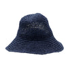 A navy blue straw sun hat with a textured woven pattern and a wide brim for sun protection