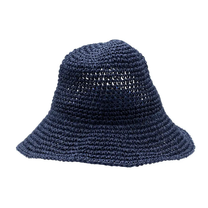 A navy blue straw sun hat with a textured woven pattern and a wide brim for sun protection