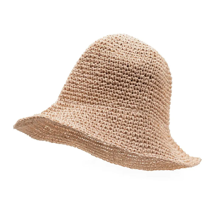 Beige woven straw sun hat with wide flared brim in rose blush color made of straw material