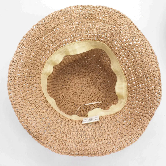 Beige woven straw sun hat with a soft scalloped-edge rose blush fabric band for sun protection