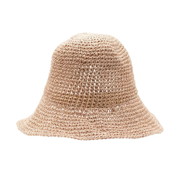 Beige woven straw sun hat with wide brim and open knit texture in rose blush color for sun protection