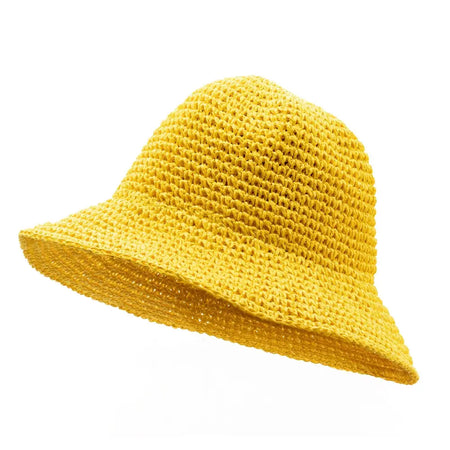 A vibrant yellow straw sun hat with a wide brim and textured woven pattern made from straw sun material
