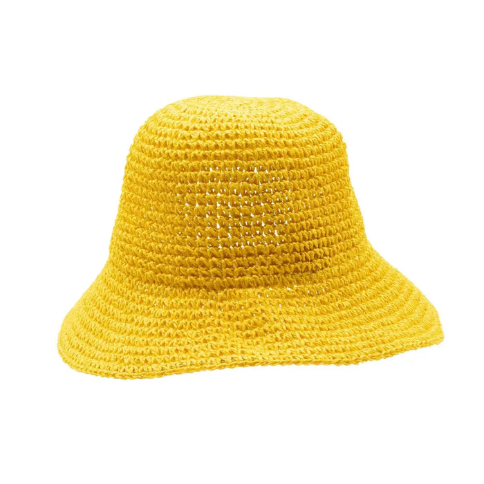 A vibrant yellow straw sun hat with a textured crocheted pattern and a wide brim for sun protection