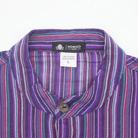 Striped cotton grandad shirt in black purple with vibrant purple teal and pink stripes and a mandarin collar