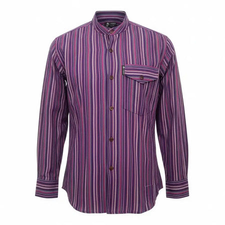 A black purple striped cotton grandad shirt with pink and purple vertical stripes and a mandarin collar in large size