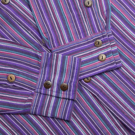 Striped cotton grandad shirt in black purple with vibrant purple teal and pink stripes and wooden buttons medium size