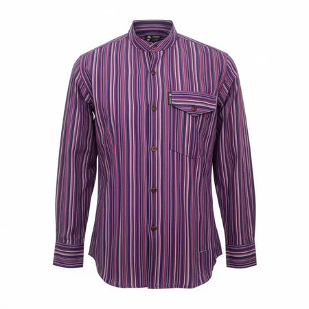 Medium black purple grandad shirt with purple and pink vertical stripes made from cotton with a mandarin collar
