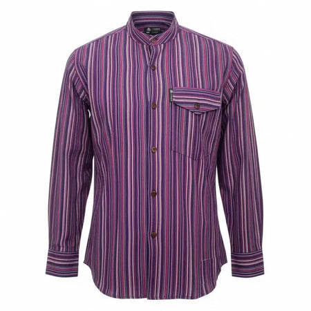 Purple and pink vertically striped cotton grandad shirt with stand collar in black purple color xl size