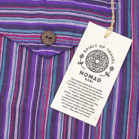 Striped cotton grandad shirt in black purple with vibrant stripes and natural coconut buttons in xl size