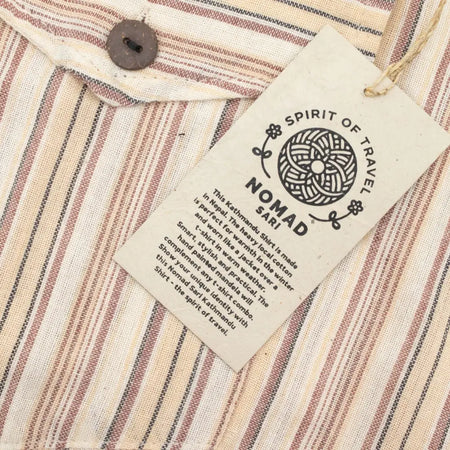 A beige and brown striped grandad shirt tag made of breathable cotton with a relaxed collarless cut and printed logo