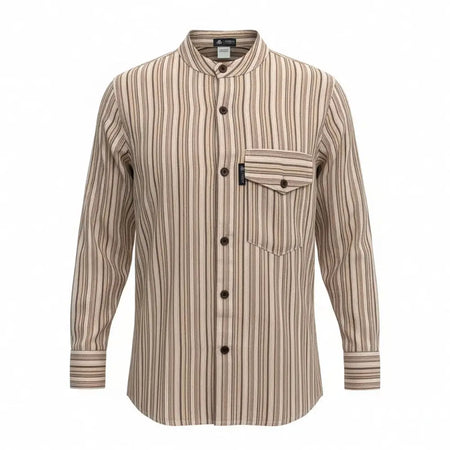 Beige and brown striped grandad shirt with a relaxed collarless cut made from breathable cotton large size