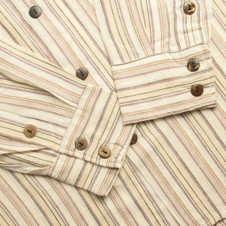Beige and brown striped grandad shirt with wooden buttons in breathable cotton and relaxed collarless cut medium size