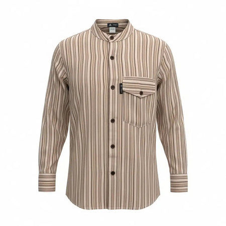 Beige and brown striped cotton grandad shirt with relaxed collarless cut and dark buttons in medium size