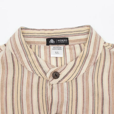 Beige and brown striped grandad shirt with relaxed collarless cut and dark wooden button made of breathable cotton xl