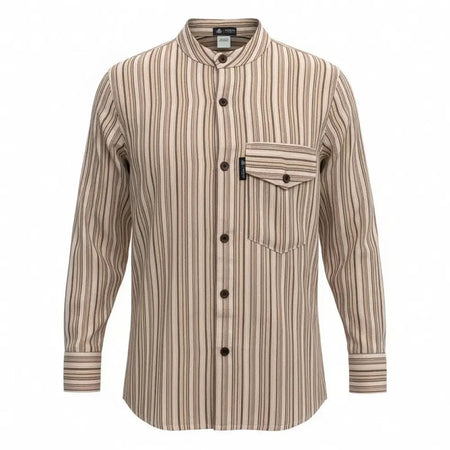 Beige and brown striped grandad shirt with relaxed collarless cut and breathable cotton in size xl