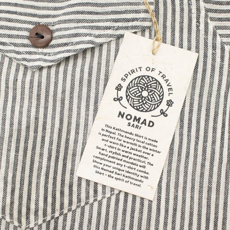 A grey stone breathable cotton grandad shirt with black and white stripes and a brown wooden button in large size