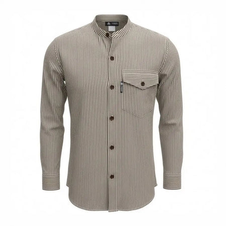 Beige and black striped breathable cotton grandad shirt with mandarin collar and chest pocket in grey stone large size