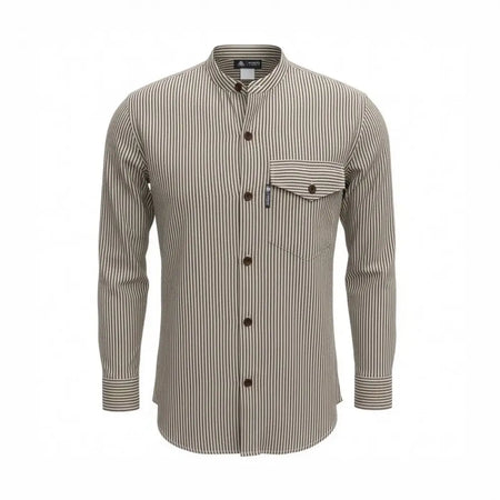 A breathable cotton grandad shirt in grey stone with beige and black vertical stripes and a mandarin collar medium size