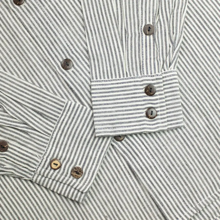 Striped cotton grandad shirt in grey stone with breathable cotton fabric and natural wood-toned buttons in medium size