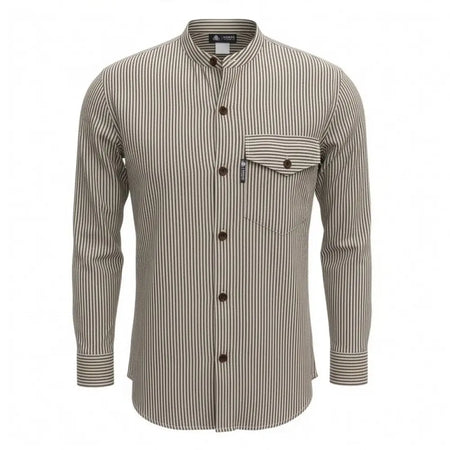 A breathable cotton grandad shirt in grey stone with beige and dark gray stripes and a mandarin collar in xl size