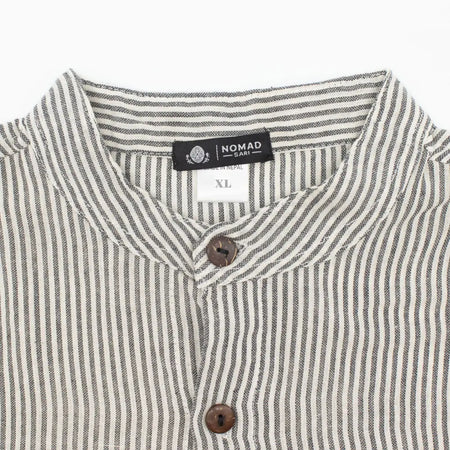 Striped grey stone grandad shirt with breathable cotton fabric linen texture mandarin collar and wood buttons