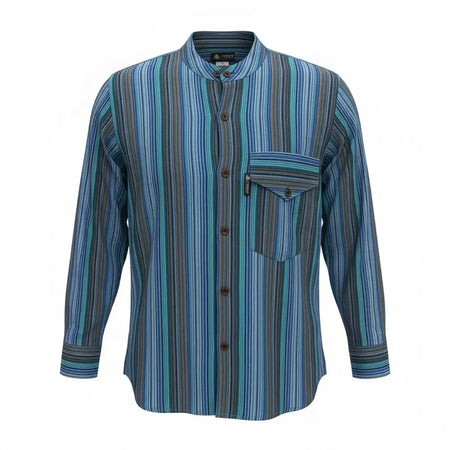 A men’s large grandad shirt in breathable cotton with turquoise vertical stripes and a mandarin collar