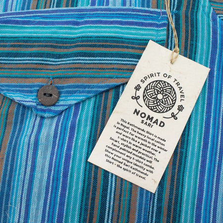 A vibrant blue and brown striped breathable cotton grandad shirt with a hand-painted mandala and wooden button collar