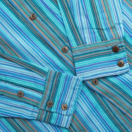 Striped cotton grandad shirt in turquoise with vertical blue teal and beige stripes and brown wooden buttons breathable cotton