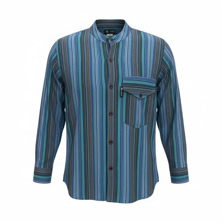 A turquoise grandad shirt in breathable cotton with vertical blue teal and gray stripes and a mandarin collar medium size