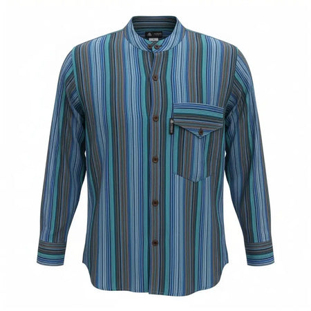 Striped cotton grandad shirt with mandarin collar in shades of turquoise blue teal gray and black breathable cotton fabric