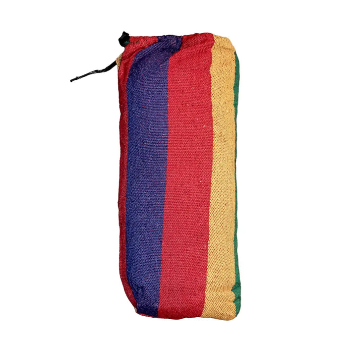 Striped hammock drawstring pouch with colorful red blue yellow and green textured fabric for carrying small items