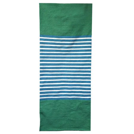 Striped indian cotton rug in blue and green with solid green borders made from soft cotton material