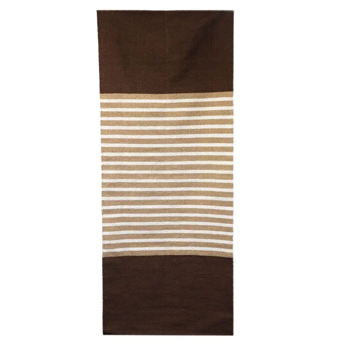 Striped indian cotton rug in dark brown and beige with solid brown borders made from soft cotton material