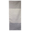 Gray indian cotton rug with a central band of alternating white and gray stripes made from soft cotton rug material