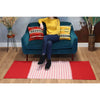 Teal velvet sofa with two patterned pillows on a red and pink striped indian cotton rug in a living room setting