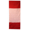 A rectangular indian cotton rug with bold red borders and soft pink and cream horizontal stripes in the center