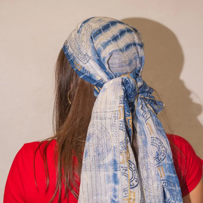 Summer scarf Marbella blue with gold in tie-dye cotton wrapped around the head with geometric patterns