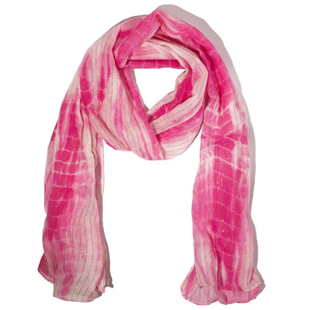 A soft flowing pink and white tie-dye summer scarf with subtle vertical stripes in perfect pink tones