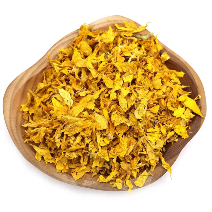 A rustic wooden bowl filled with vibrant yellow sunflower petals weighing 0.5kg