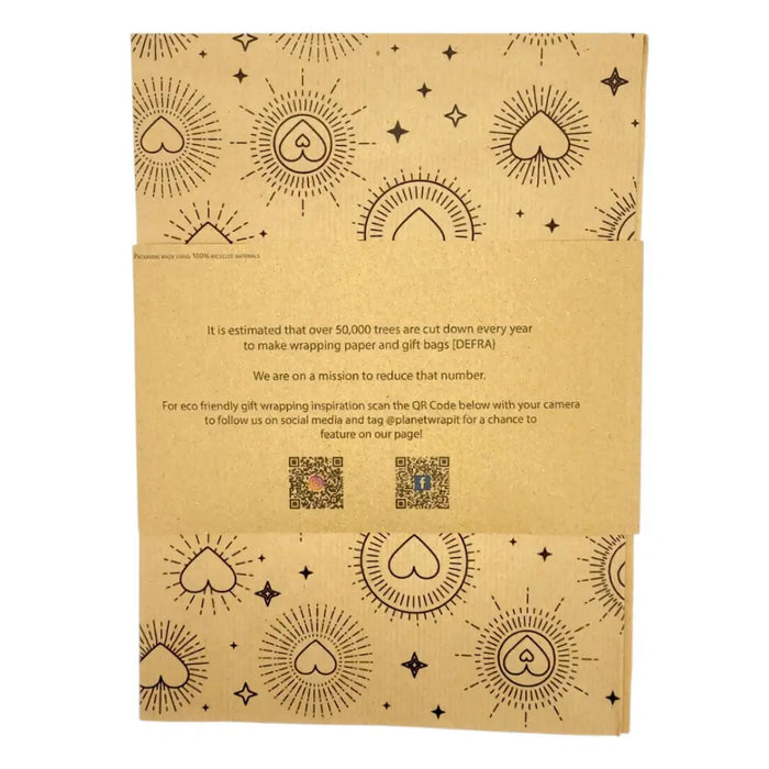 Brown recycled kraft gift wrap with black line art hearts suns and stars on a 1m by 50cm folded sheet