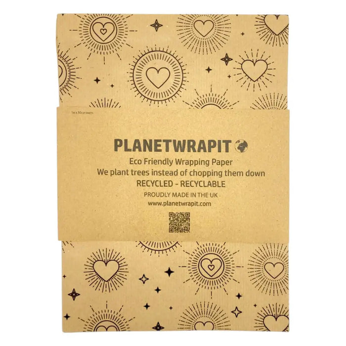 Brown recycled kraft wrapping paper with black line-art hearts and sunburst patterns for gift wrap use