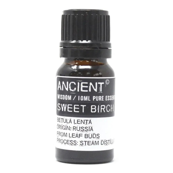 A small dark amber glass bottle of sweet birch essential oil with a black cap and ancient wisdom label