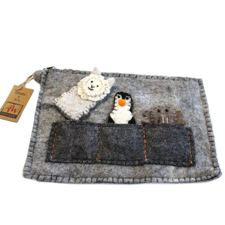 Gray felt tablet pouch with finger puppets showing embroidered sheep penguin and walrus designs